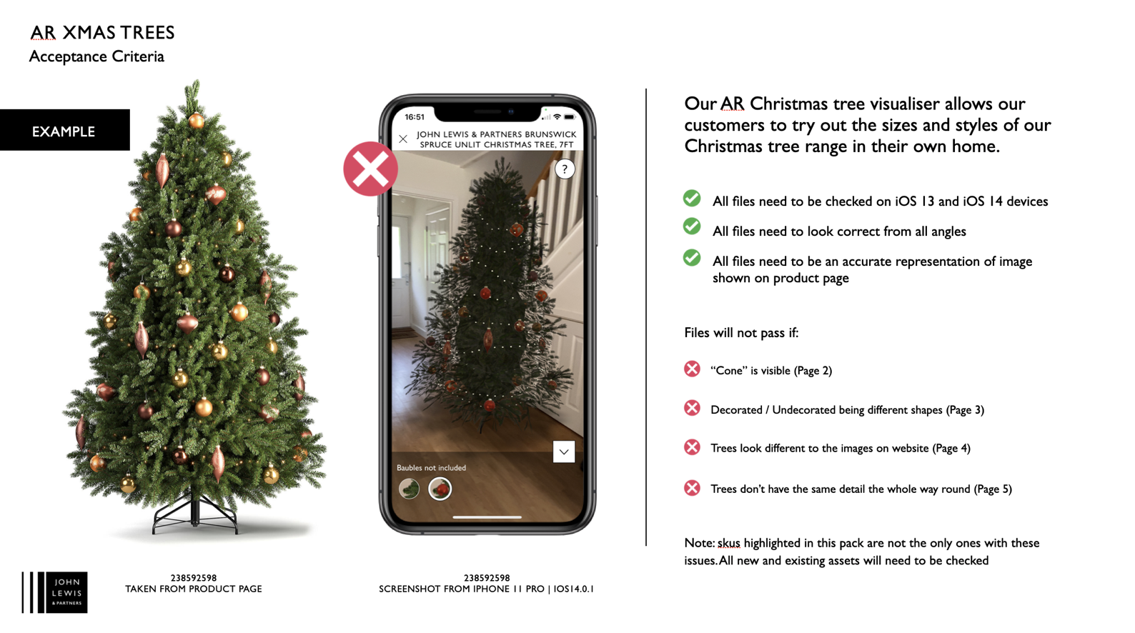 A page of the Christmas tree acceptance criteria: the product page photograph beside an in-app AR screenshot marked with a red cross, next to the pass and fail conditions.