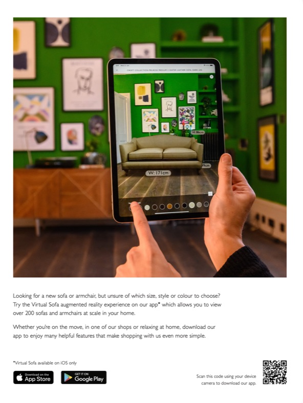 A full-page ad from the John Lewis At Home 2020 catalogue: hands hold an iPad showing a leather sofa placed by augmented reality in a green room, with height and width labels and a row of colour swatches.
