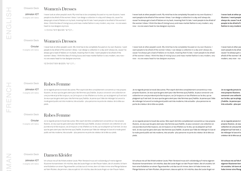 Type testing sheet: Chiswick Deck paired with Johnston ICT and with Circular, the same copy set in English, French and German.