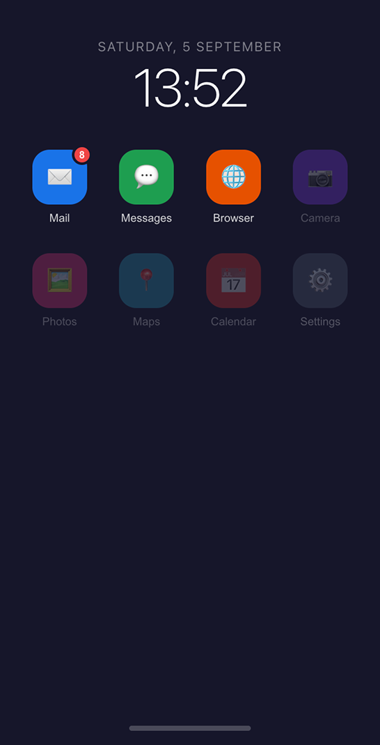 The device home screen: Mail with eight waiting, Messages and Browser live, and five apps deliberately dead.