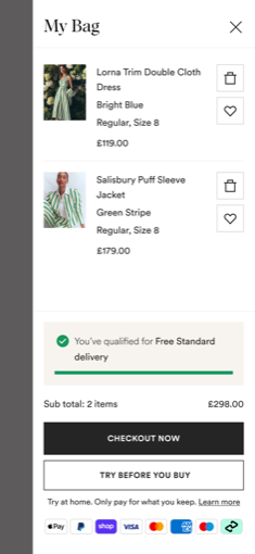 The same bag with a Try Before You Buy button and a line of supporting copy added below Checkout.