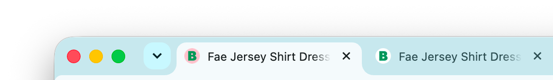 Two browser tabs open side by side, both titled Fae Jersey Shirt Dress: the first carries the prototype favicon, a green B on a pink disc, the second the live site's plain green B.